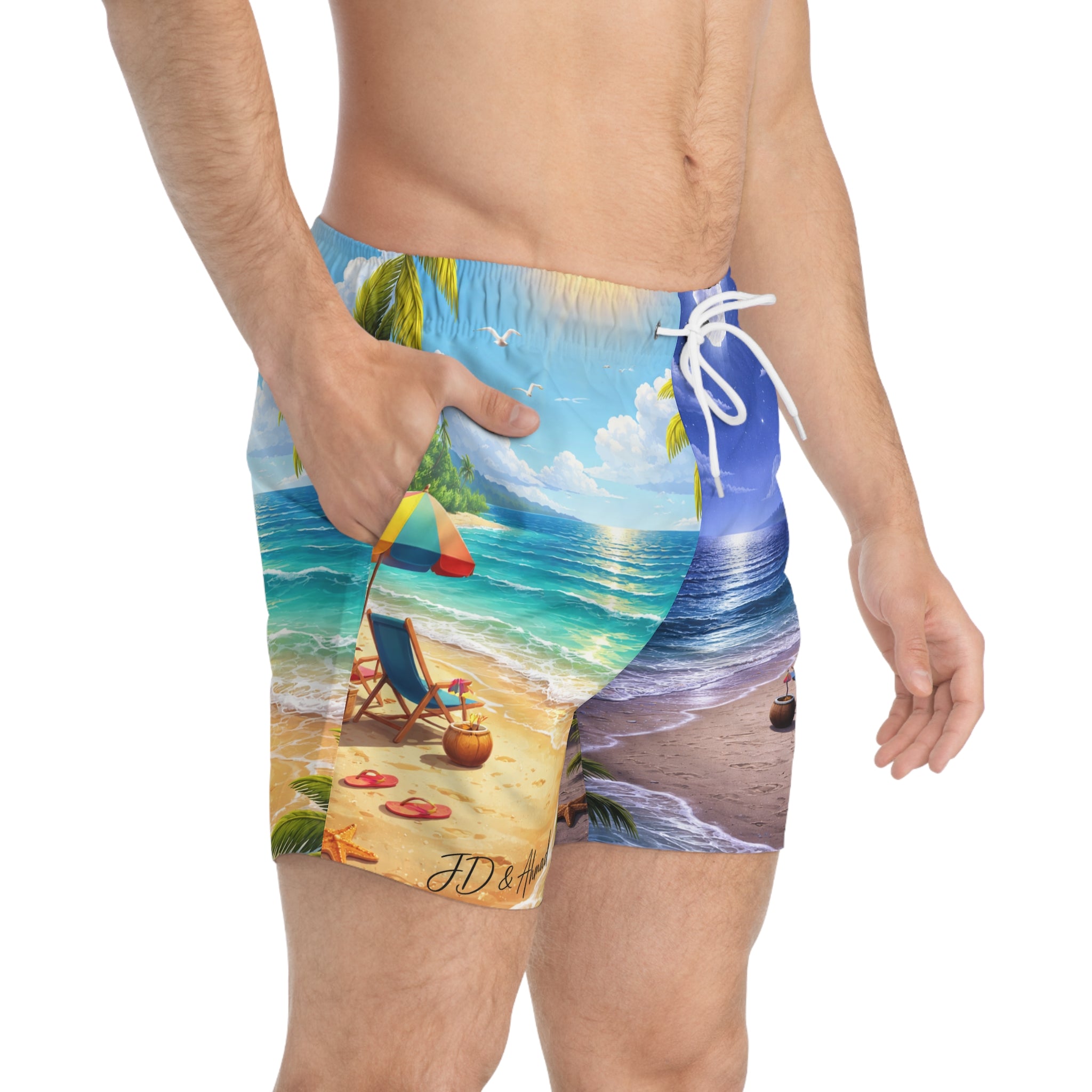 Men's Floral Photo Swim Trunks — Black & White Rose Print