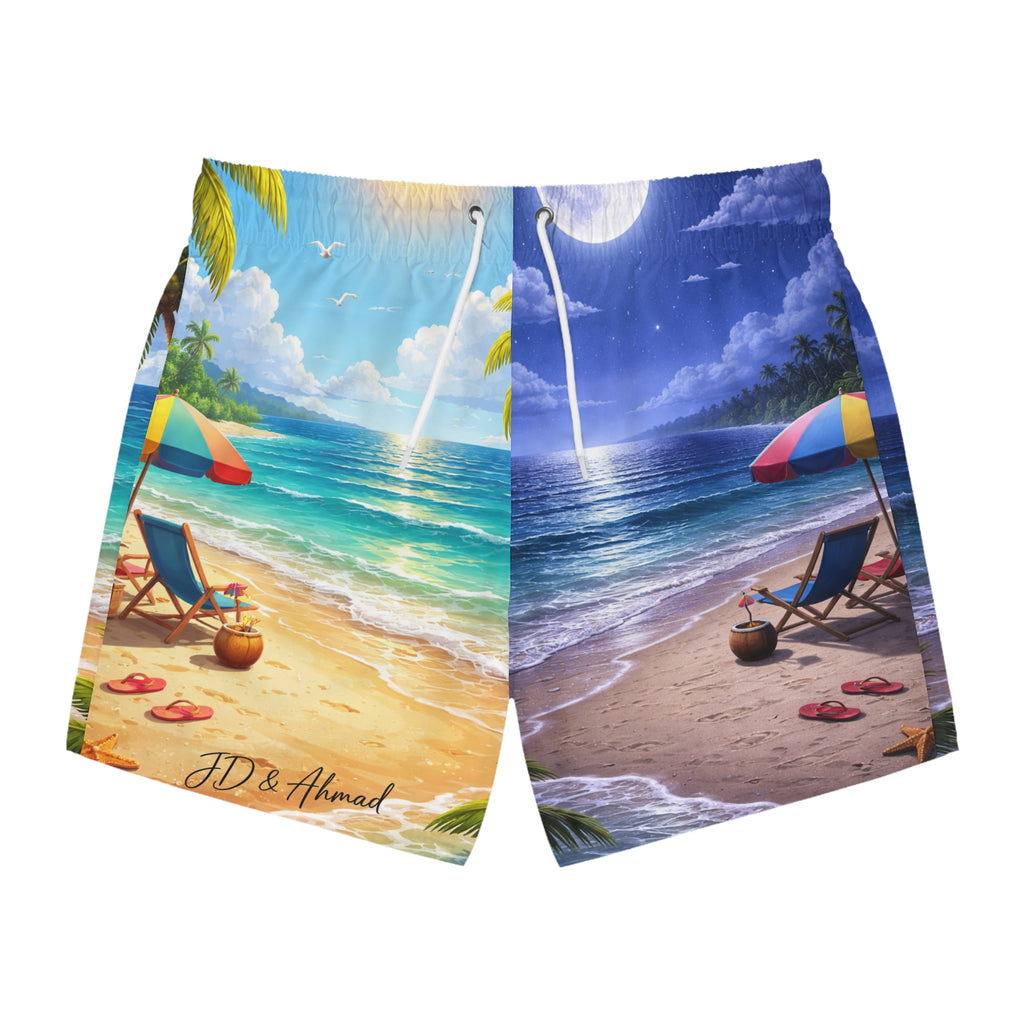 Men's Floral Photo Swim Trunks — Black & White Rose Print