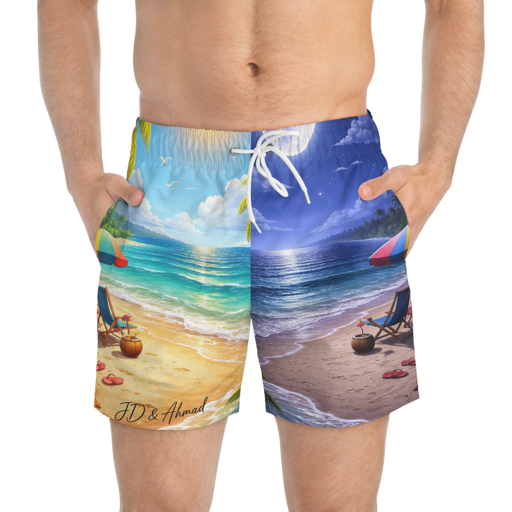 Men's Floral Photo Swim Trunks — Black & White Rose Print