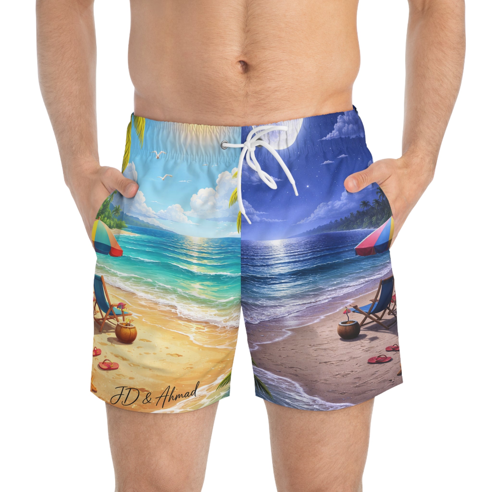 Men's Floral Photo Swim Trunks — Black & White Rose Print